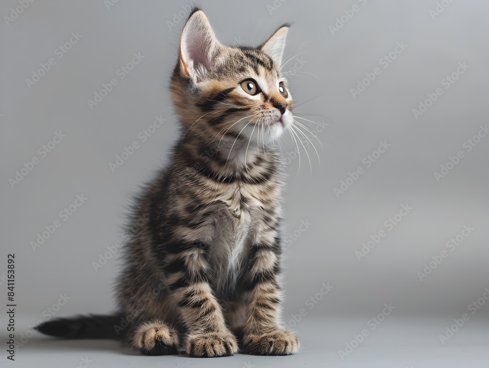 Curious American Shorthair Kitten Sitting on Clean Pastel Gray Background Curious American Shorthair Kitten Sitting on Clean Pastel Gray Background