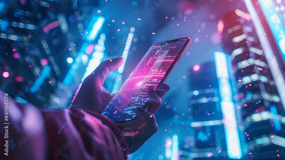 Person Using Smartphone in Vibrant City at Night Person Using Smartphone in Vibrant City at Night