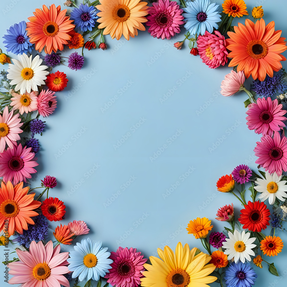 Flowers composition. Wreath made of colorful flowers on pastel blue background. Spring, easter, summer concept. Flat lay, top view, copy space, square Flowers composition. Wreath made of colorful flowers on pastel blue background. Spring, easter, summer concept. Flat lay, top view, copy space, square