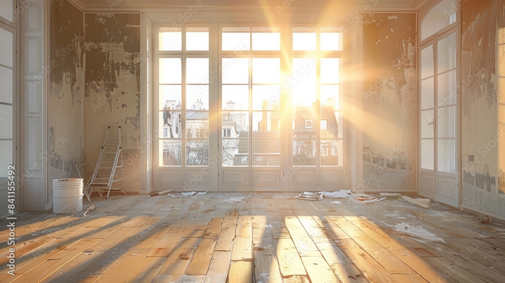 Renovation scene with sunlight pouring into an empty room Renovation scene with sunlight pouring into an empty room