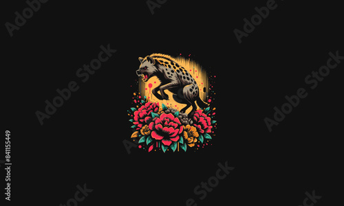 hyena jump angry on flowers vector flat design