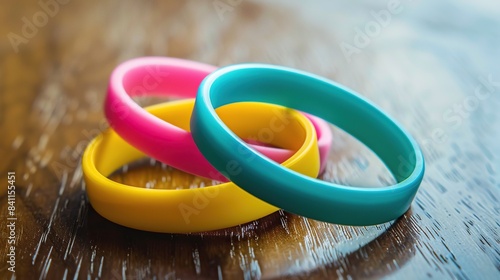 Beautiful Three rubber bracelets for best friends, yellow, pink and turquoise . Generative Ai photo