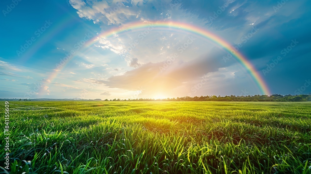 Naklejka premium Double rainbow over lush green field at sunset