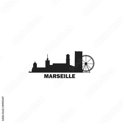 Marseille skyline, downtown panorama logo, logotype. France city badge contour, isolated vector pictogram with fort, port, monuments, landmarks, basilica