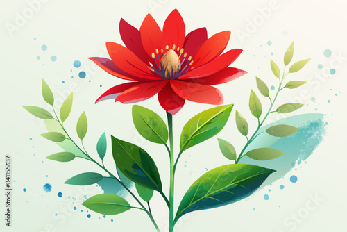 Ilustración vectorial de una flor roja y hojas verdes