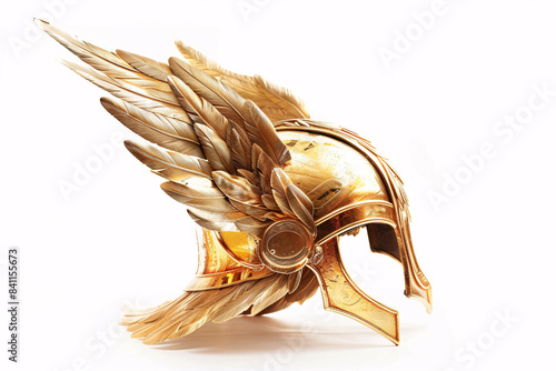 Golden Norse mythology Valkyrie helmet on white bakcground
