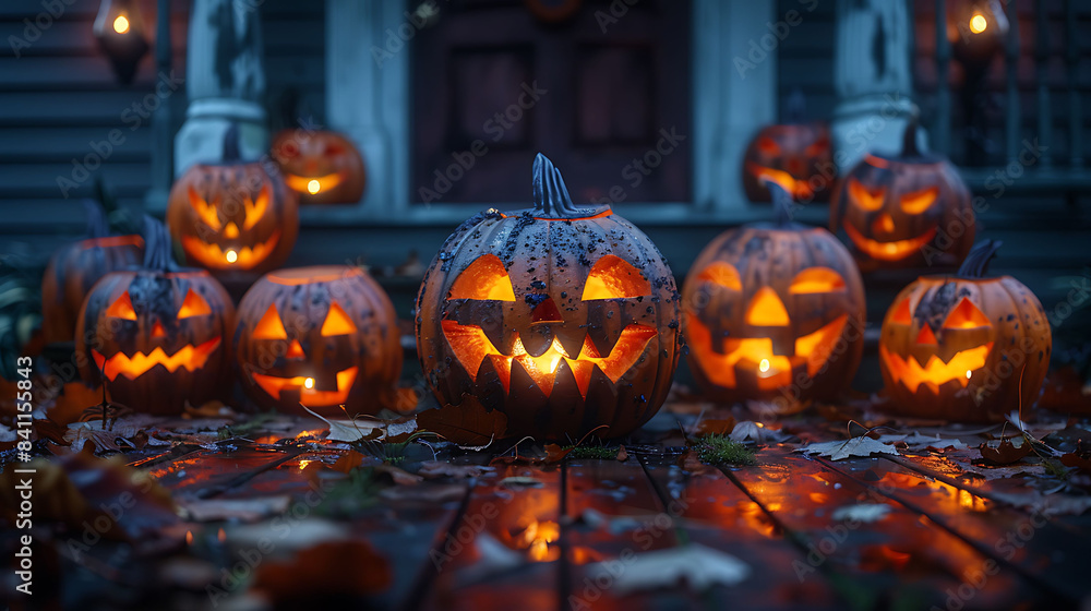 Fototapeta premium A series of spooky, illuminated jack-o'-lanterns on a porch.