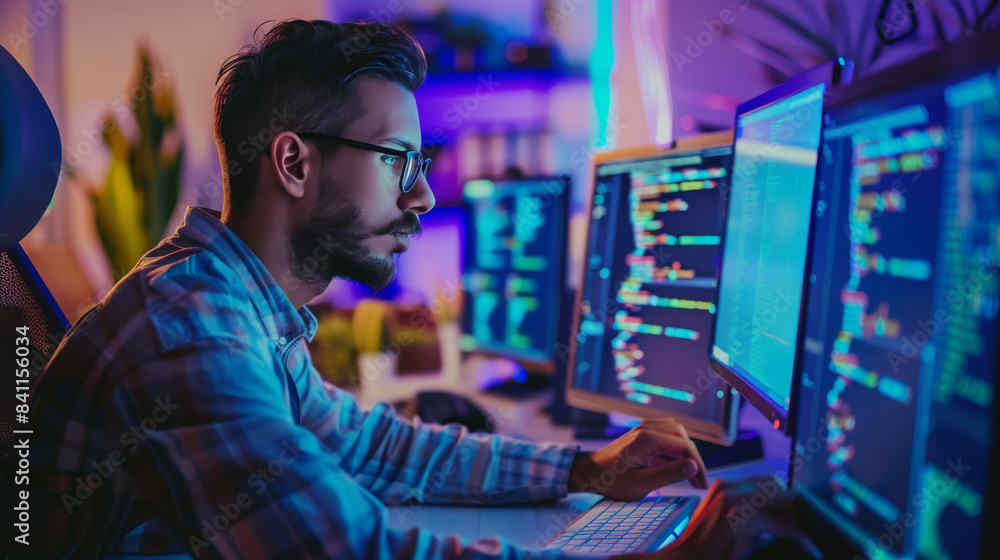 Bearded Man in Blue Shirt Working on Multiple Computer Monitors Bearded Man in Blue Shirt Working on Multiple Computer Monitors
