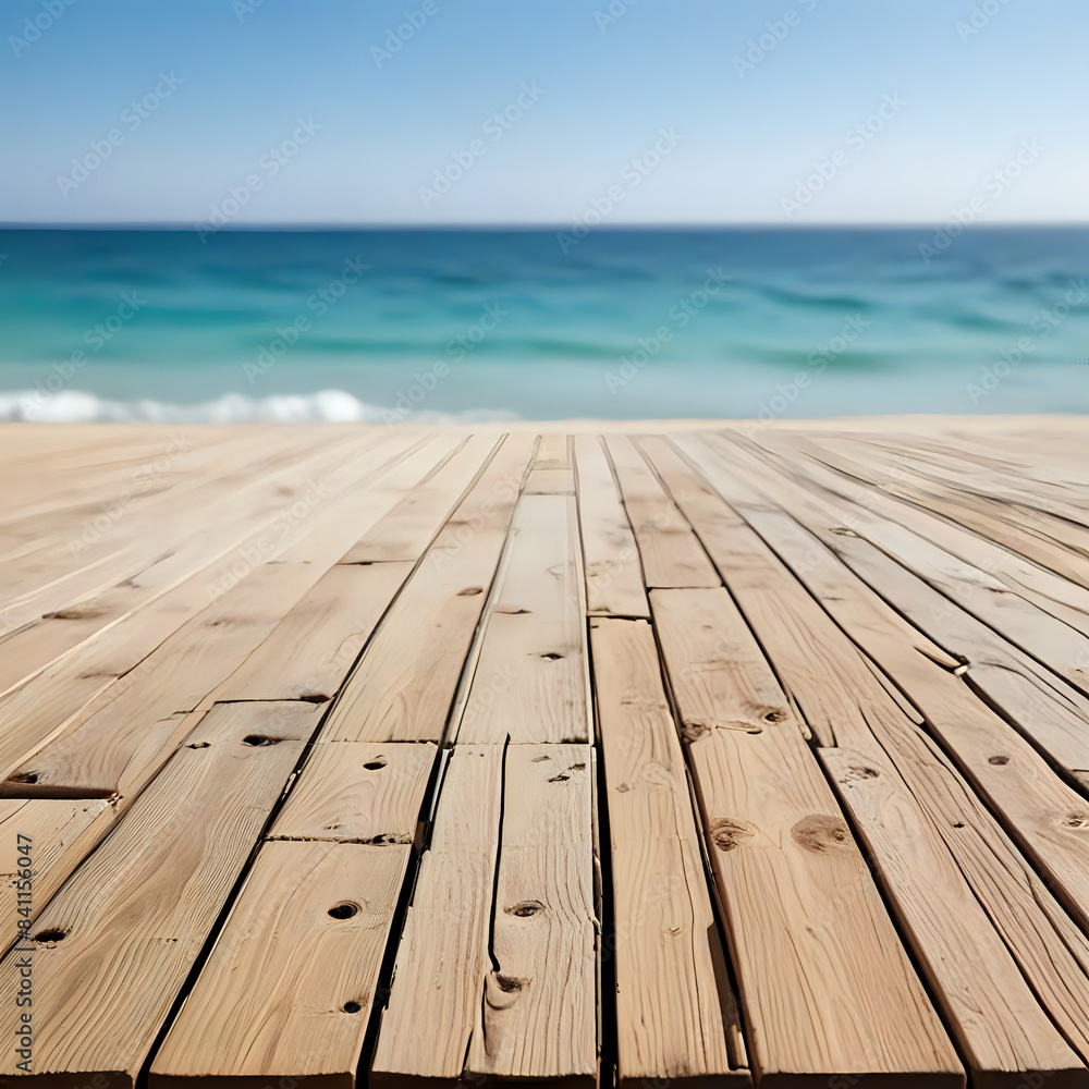 Empty rustic wooden table on blur background of beautiful beach for mockup summer product display or travel ad. Picnic table with customizable space on table-top for editing. Flawless Empty rustic wooden table on blur background of beautiful beach for mockup summer product display or travel ad. Picnic table with customizable space on table-top for editing. Flawless