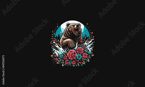 grizzly angry jump on flowers vector artwork design