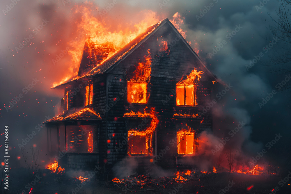 House on fire, flames coming out of windows, lots smoke House on fire, flames coming out of windows, lots smoke