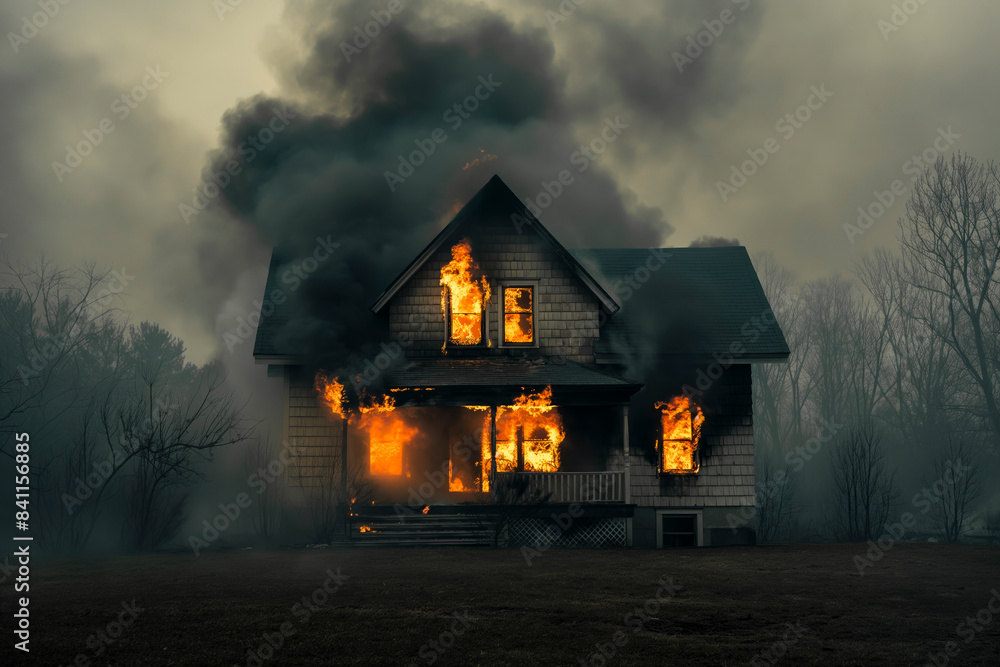 House on fire, flames coming out of windows, lots smoke House on fire, flames coming out of windows, lots smoke