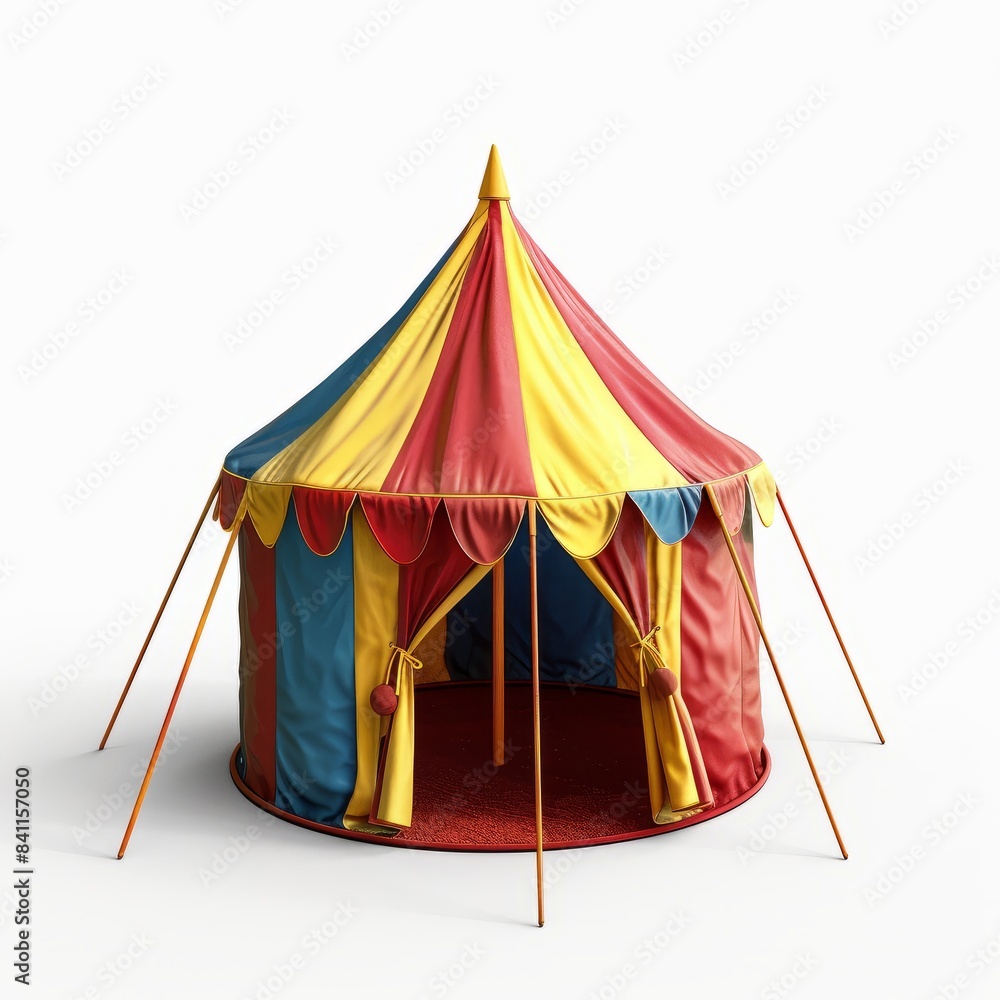 A colorful striped play tent with red, yellow, and blue stripes on a white background A colorful striped play tent with red, yellow, and blue stripes on a white background