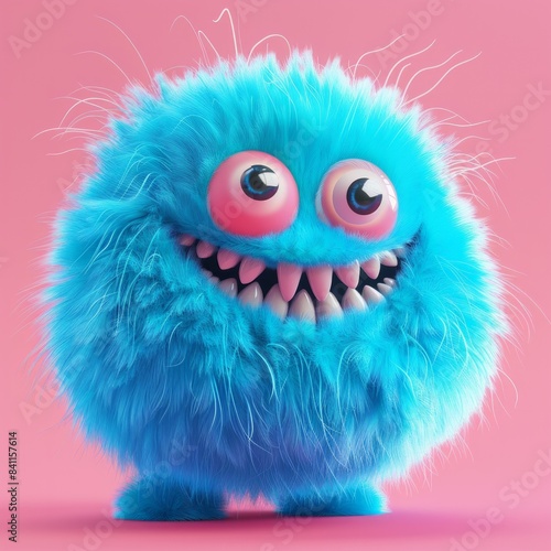 Happy Fluffy Monster 3D Icon Design a small, round monster covered in vibrant blue fur with big, sparkling eyes and a wide, AI Generative © sorapop