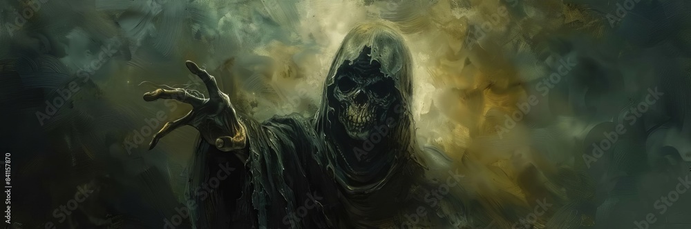 Eye-level illustration, Grim Reaper reaching towards the camera, dark misty background, dramatic lighting, fine oil painting detail, ample copy space Eye-level illustration, Grim Reaper reaching towards the camera, dark misty background, dramatic lighting, fine oil painting detail, ample copy space