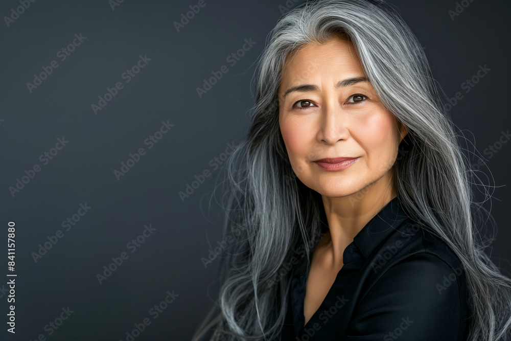 Japanese adult woman with smooth healthy face skin. Beautiful aging mature asian woman with long gray hair and happy smiling touch face. Beauty and cosmetics skincare advertising concept. Japanese adult woman with smooth healthy face skin. Beautiful aging mature asian woman with long gray hair and happy smiling touch face. Beauty and cosmetics skincare advertising concept.