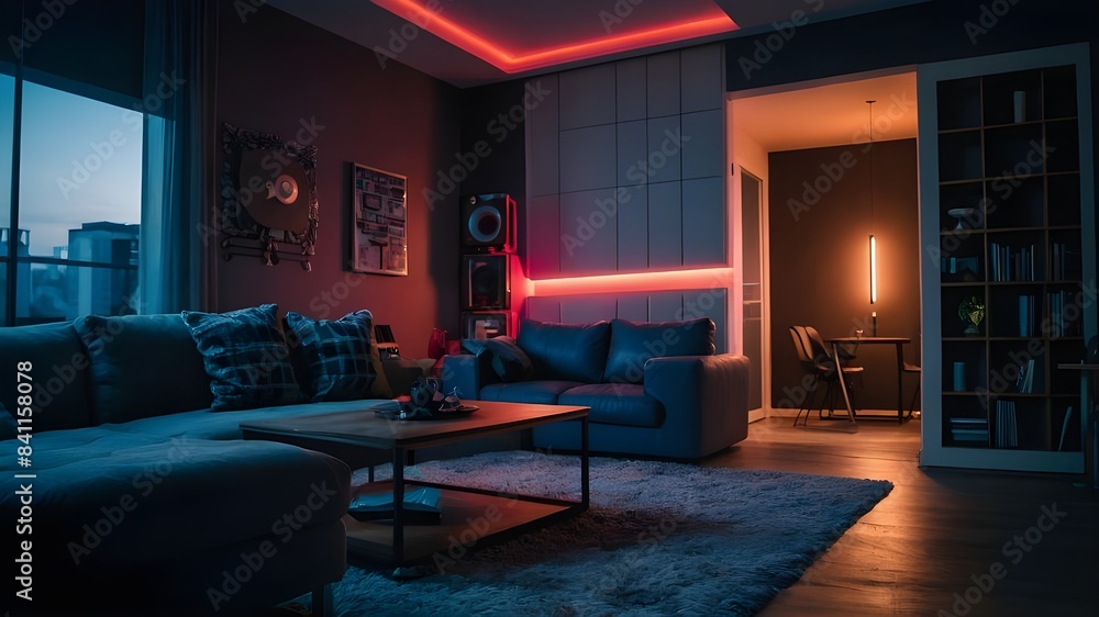 modern minimalism style interior condominium living room with cityscape view out of window at night time, Generative Ai, modern living room,living room interior modern minimalism style interior condominium living room with cityscape view out of window at night time, Generative Ai, modern living room,living room interior
