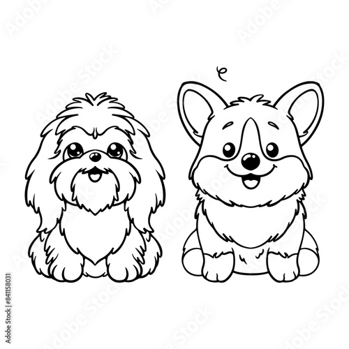 Vector illustration of a cute poodle and Welsh Corgi sitting together. Perfect line art design isolated on a white background for your creative projects.