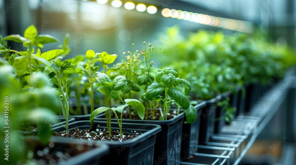 Array of hydroponically grown herbs in a sleek, modern greenhouse, LED lights providing ideal growth conditions Array of hydroponically grown herbs in a sleek, modern greenhouse, LED lights providing ideal growth conditions