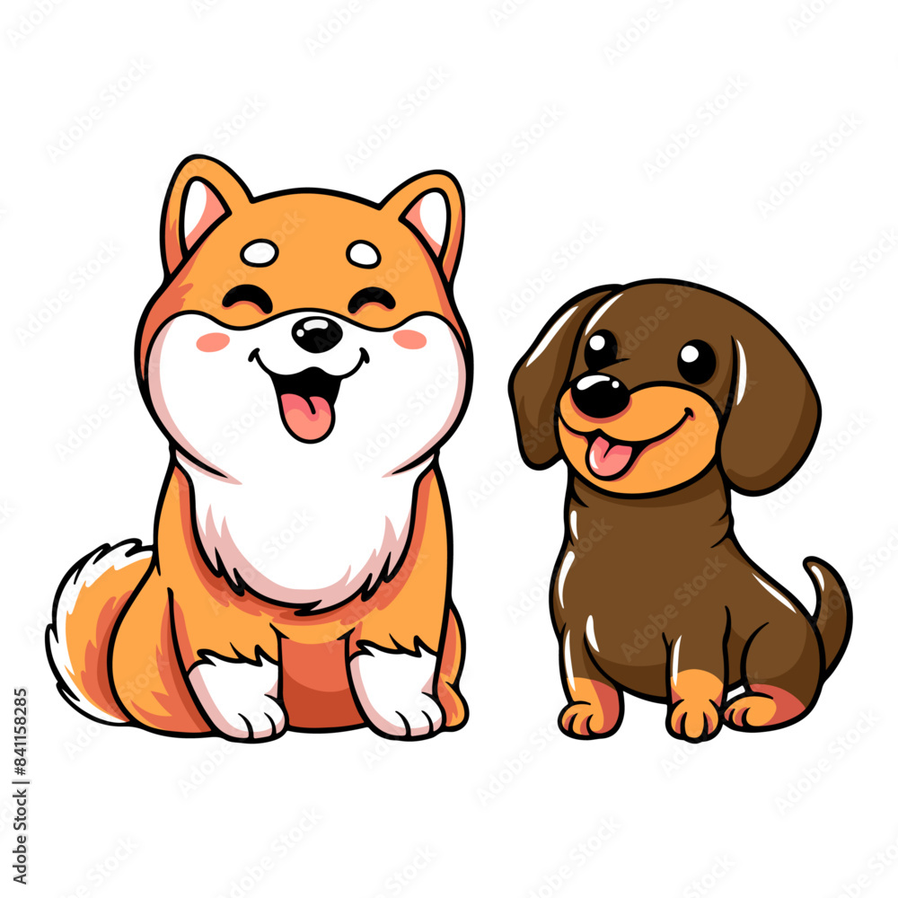 Fototapeta premium Vector illustration of a cute cartoon Shiba Inu and Dachshund sitting together. Perfect flat art design isolated on a white background, ideal for creative projects.