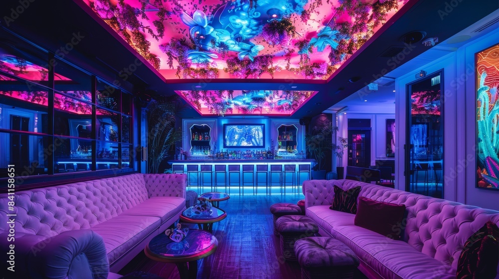 An upscale nightclub setting with a white velvet sofa, ambient pink and blue lights, and an intricately designed ceiling with modern art An upscale nightclub setting with a white velvet sofa, ambient pink and blue lights, and an intricately designed ceiling with modern art