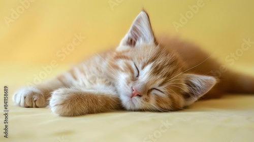 Peaceful Munchkin Kitten Sleeping on Pastel Yellow Background