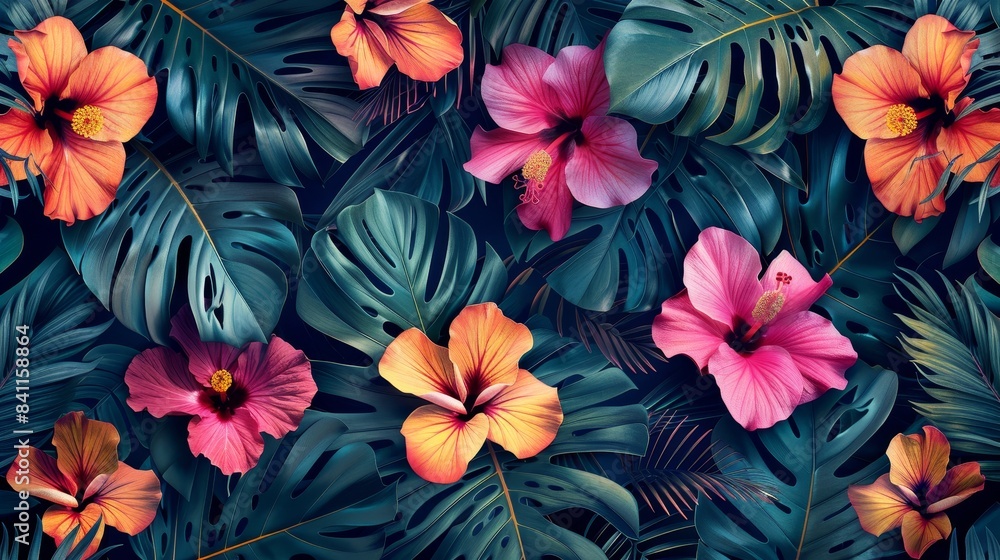 An intricate seamless pattern of exotic tropical foliage, featuring vibrant palm leaves and colorful hibiscus flowers, perfect for fashion design An intricate seamless pattern of exotic tropical foliage, featuring vibrant palm leaves and colorful hibiscus flowers, perfect for fashion design