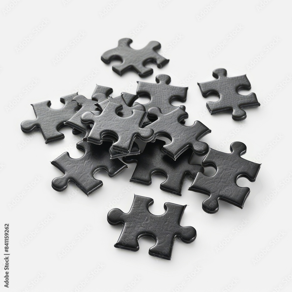 A close-up image showcasing several black puzzle pieces scattered on a plain white background A close-up image showcasing several black puzzle pieces scattered on a plain white background