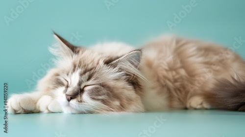 Adorable Ragdoll Kitten Sleeping on Clean Pastel Blue Background