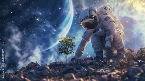 An astronaut kneeling to plant a tree on a rocky asteroid, with Jupiter's swirling clouds and a multitude of stars illuminating the scene