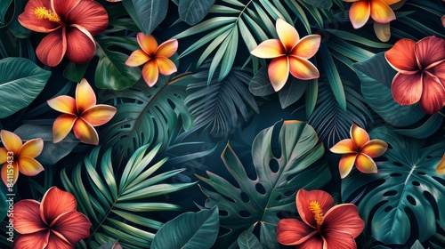 Wallpaper Mural An artistic seamless pattern of tropical foliage, featuring detailed palm fronds, vibrant plumeria, and rich, lush colors for fashion and wallpaper Torontodigital.ca