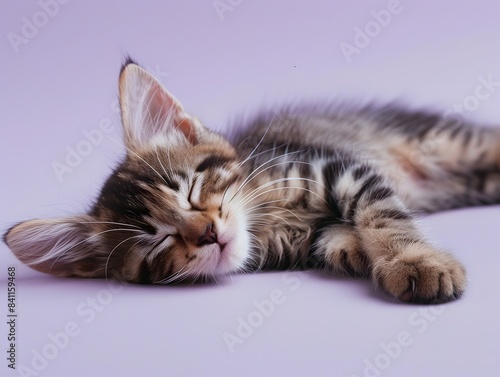 Cute Munchkin Kitten Sleeping Peacefully on Lavender Background in Long Shot