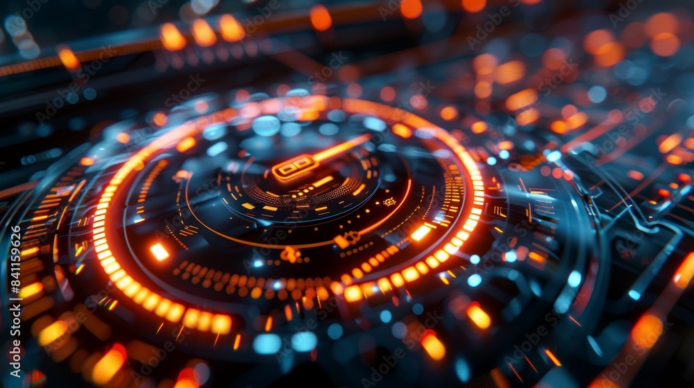 Advanced speedometer with pulsating LED lights, transparent interface, digital hologram display, modern vehicle technology Advanced speedometer with pulsating LED lights, transparent interface, digital hologram display, modern vehicle technology