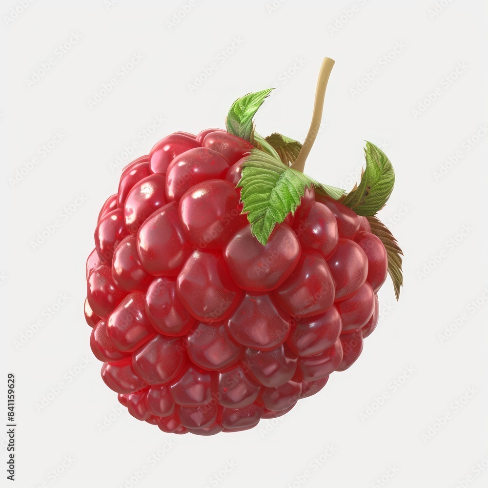 A close-up image of a single, ripe raspberry with green leaves against a white background A close-up image of a single, ripe raspberry with green leaves against a white background