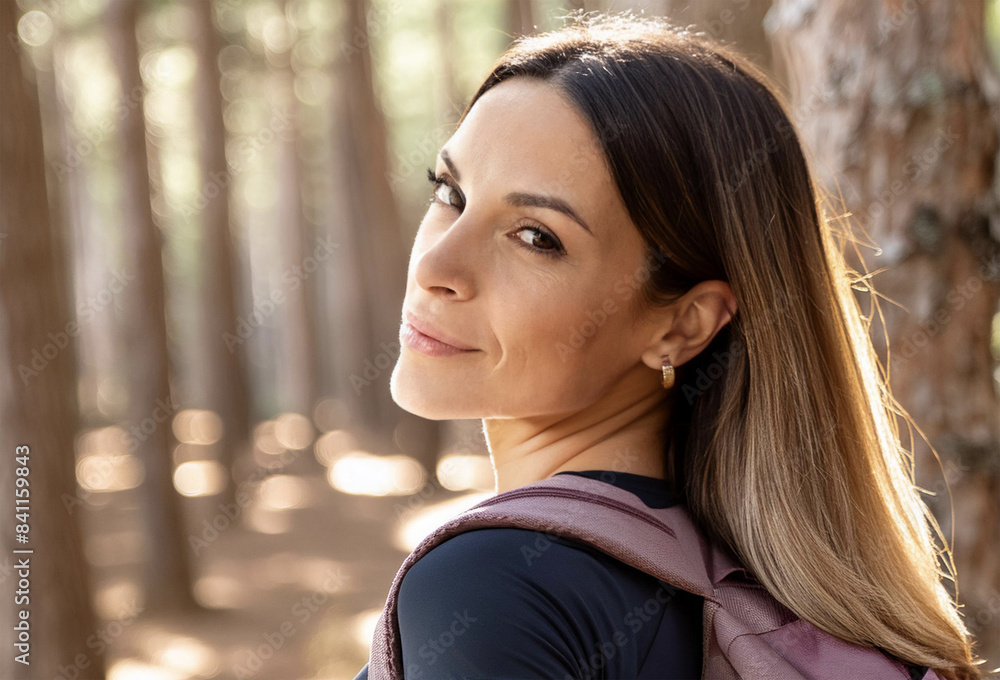 Woman hiking in the woods with backpack