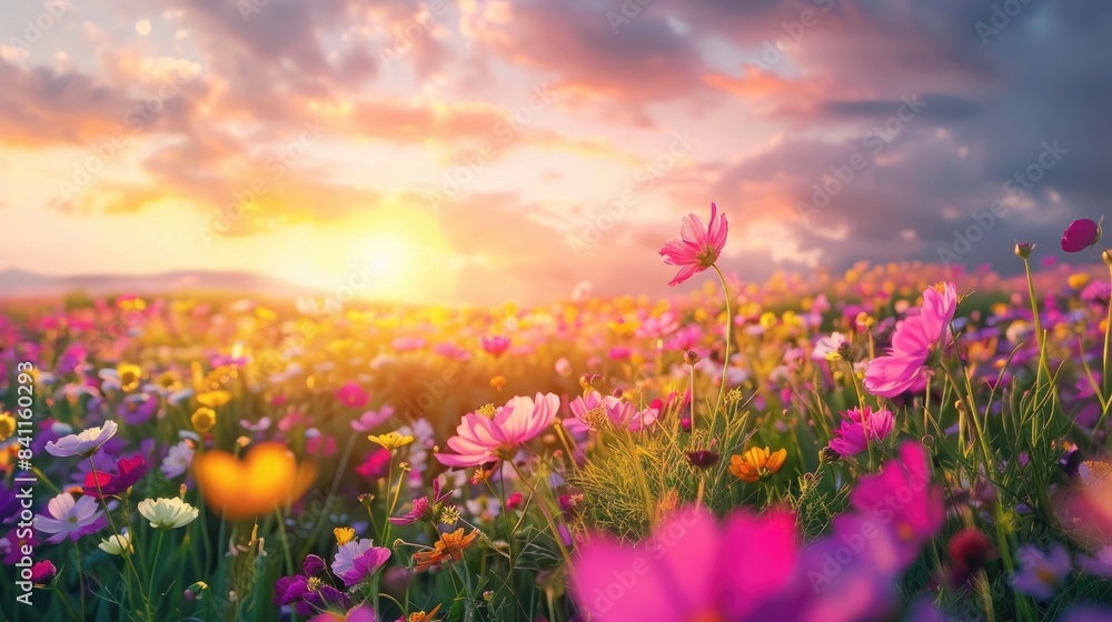 Obraz premium Field of colorful flowers with a vibrant sky in the background Morning in the spring meadow