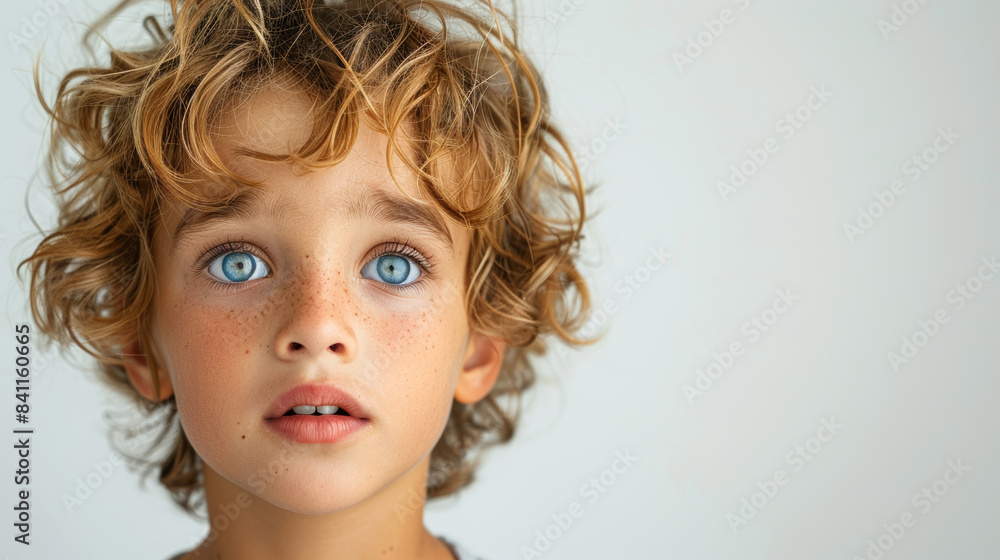 A young child with curly hair and bright blue eyes gazes upward with a look of wonder on their freckled face, capturing pure innocence and curiosity. A young child with curly hair and bright blue eyes gazes upward with a look of wonder on their freckled face, capturing pure innocence and curiosity.
