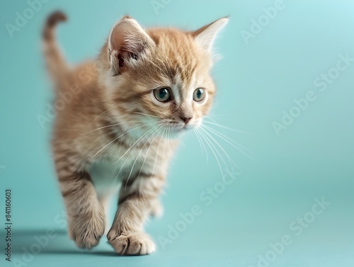 Cute Exotic Shorthair Kitten Walking on Pastel Blue Background