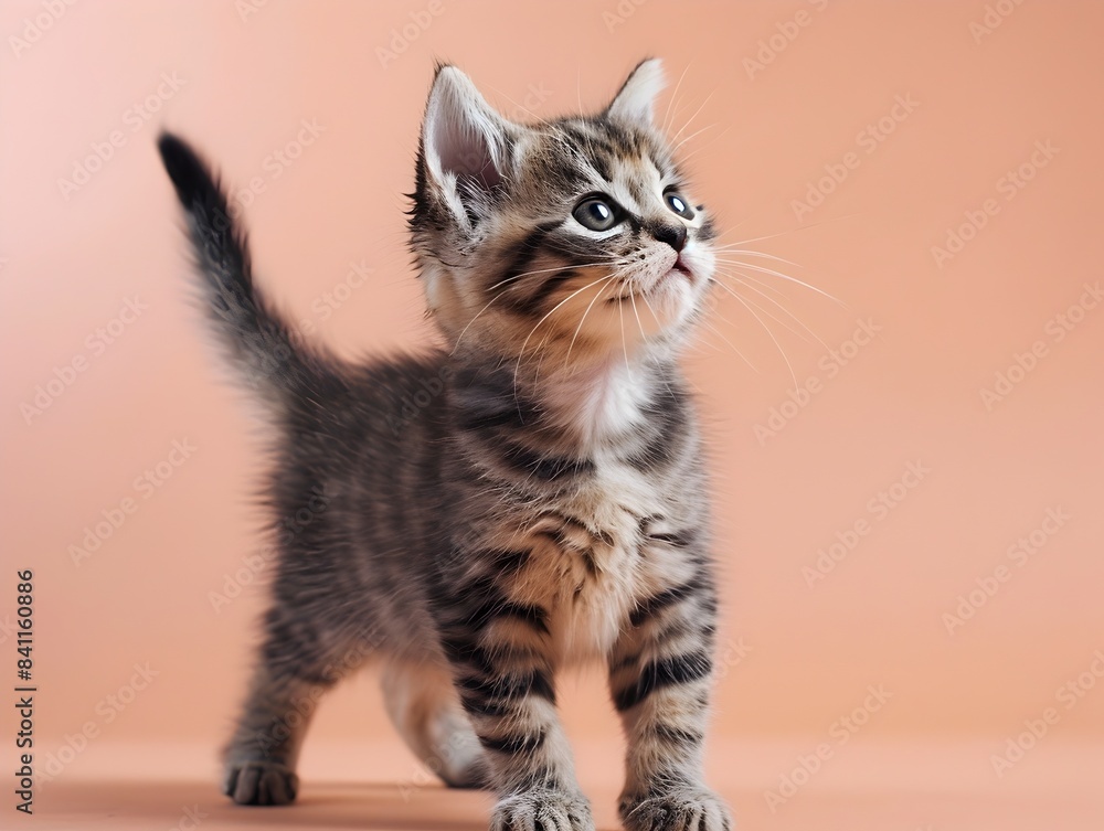 Captivating Munchkin Kitten Stands on Pastel Peach Background Captivating Munchkin Kitten Stands on Pastel Peach Background