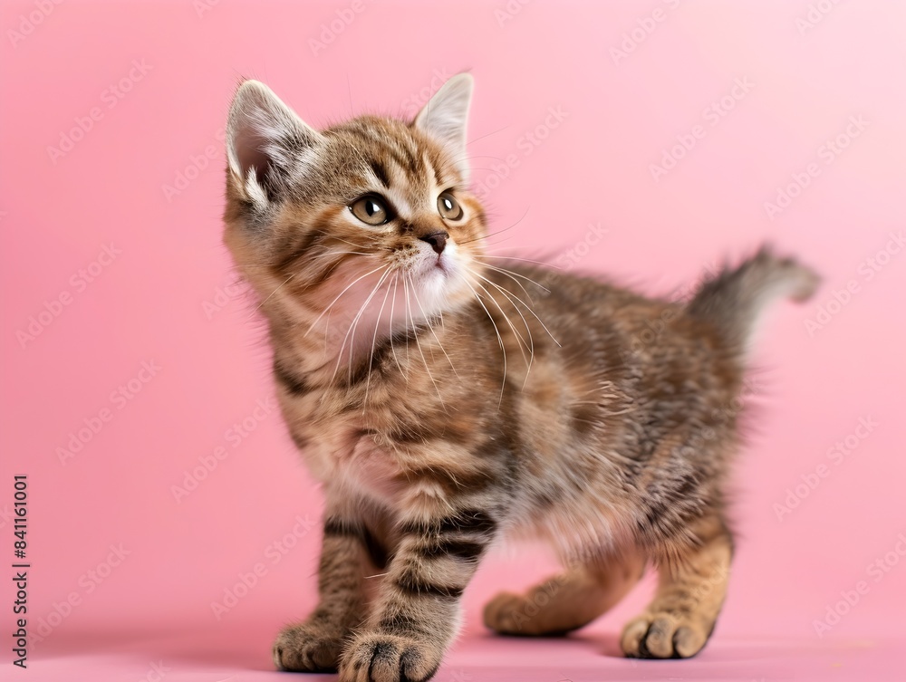 Cute Exotic Shorthair Kitten Standing on Pastel Pink Background Cute Exotic Shorthair Kitten Standing on Pastel Pink Background