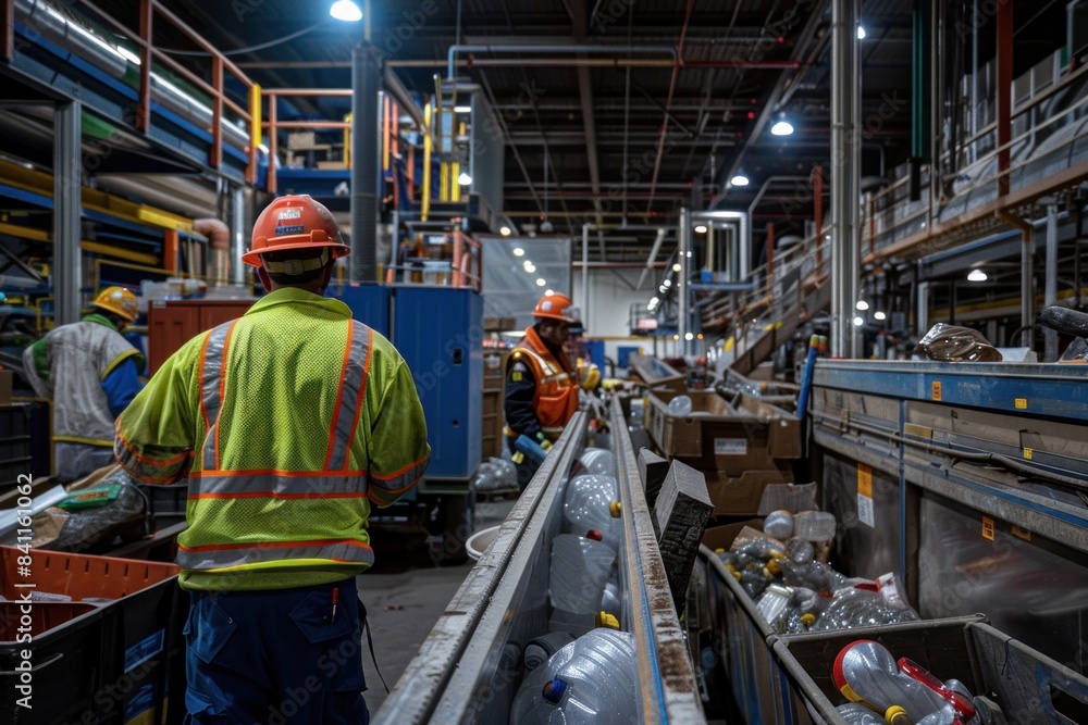 Workers in safety vests oversee recycling operations on a conveyor belt at a large industrial recycling facility. Workers in safety vests oversee recycling operations on a conveyor belt at a large industrial recycling facility.