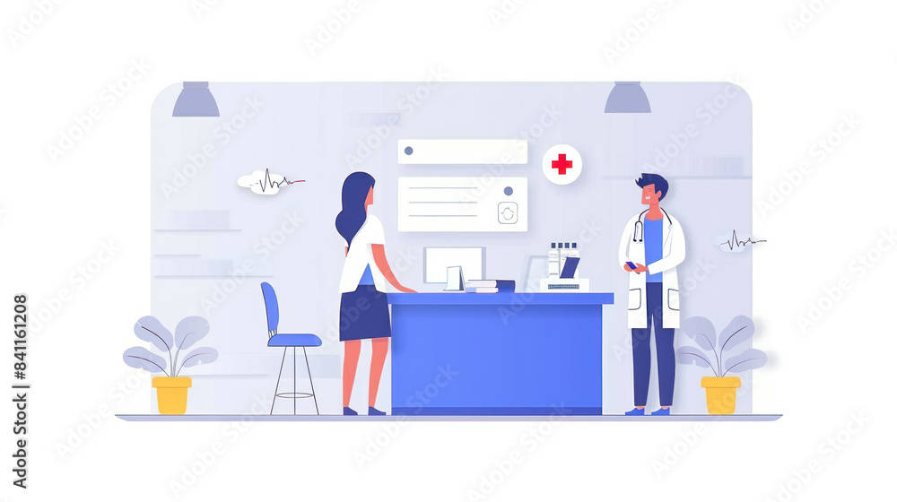 A woman and a man are standing in front of a desk in a medical office. The woman is wearing a white shirt and the man is wearing a white lab coat. The desk has a computer and a keyboard on it A woman and a man are standing in front of a desk in a medical office. The woman is wearing a white shirt and the man is wearing a white lab coat. The desk has a computer and a keyboard on it