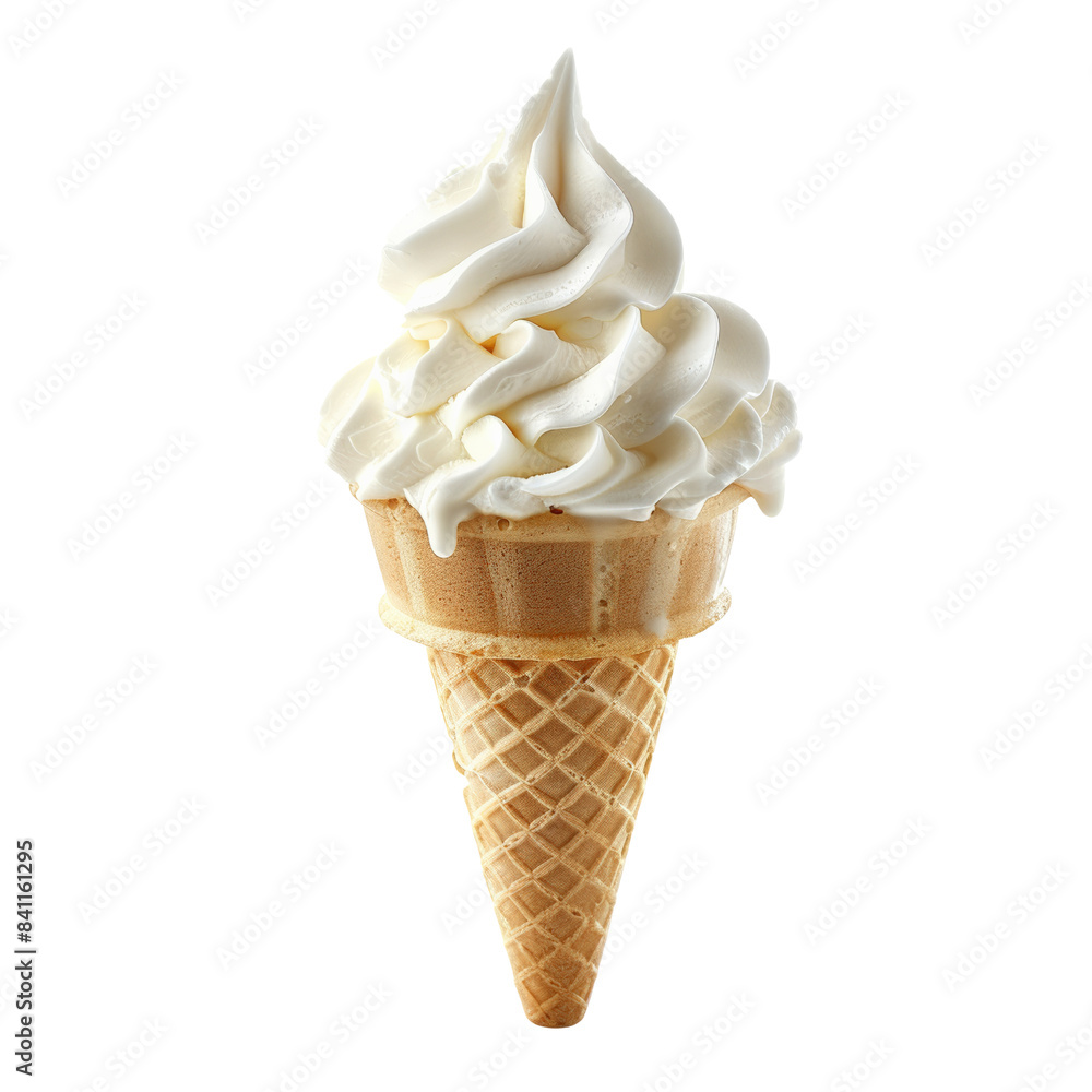 Close-up of a delicious vanilla soft serve ice cream in a crispy cone, isolated on a white background Close-up of a delicious vanilla soft serve ice cream in a crispy cone, isolated on a white background