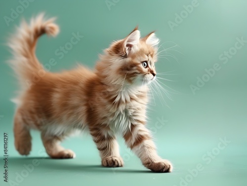 Adorable Persian Kitten Walking on Pastel Green Background in Studio Portrait