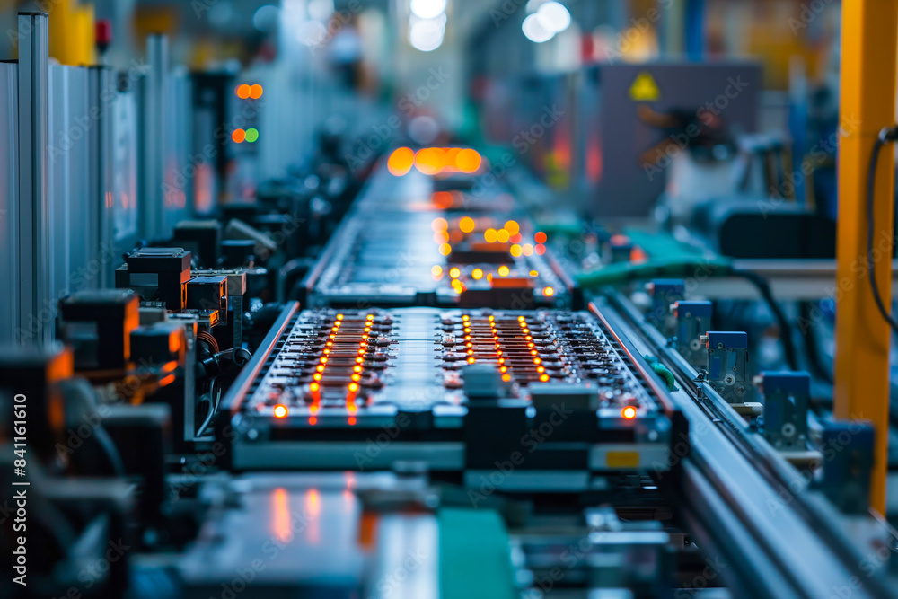 Mass production assembly line of electric vehicle battery cells close-up view Mass production assembly line of electric vehicle battery cells close-up view