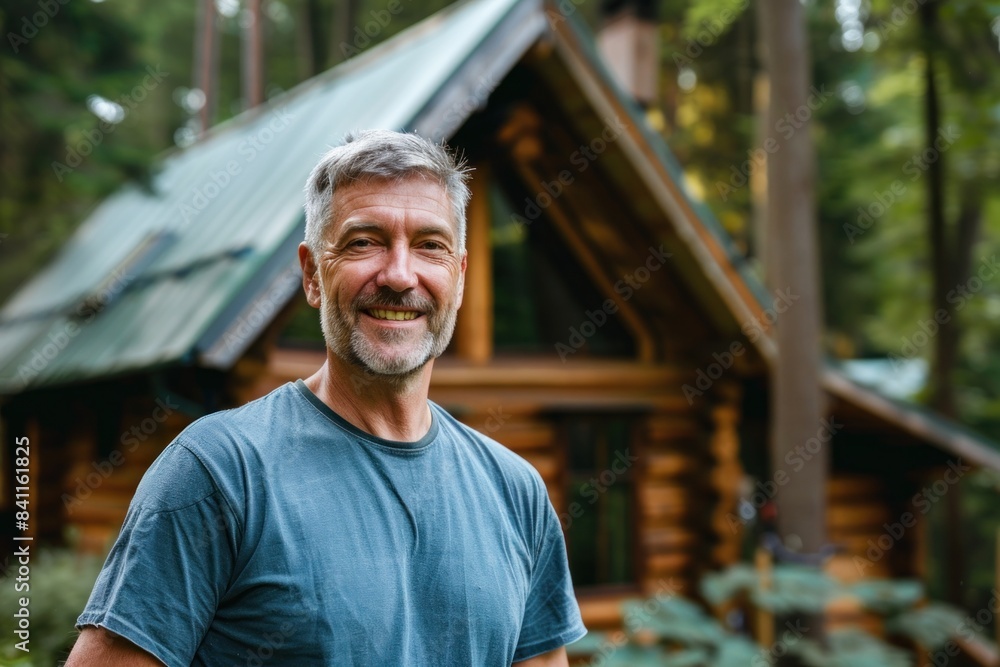 Smiling middle-aged Caucasian man in a teal shirt, standing in front of a rustic cabin in the woods. Smiling middle-aged Caucasian man in a teal shirt, standing in front of a rustic cabin in the woods.
