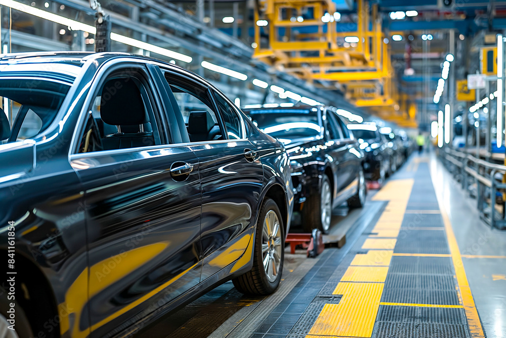 Mass production assembly line of modern cars in a busy factory Mass production assembly line of modern cars in a busy factory