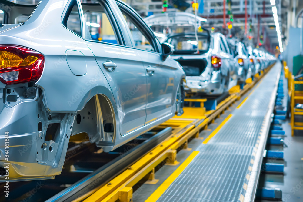 Mass production assembly line of modern cars in a busy factory Mass production assembly line of modern cars in a busy factory