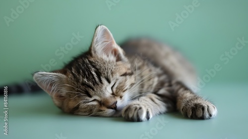 Exotic Shorthair Kitten Sleeping Peacefully on Pastel Green Background