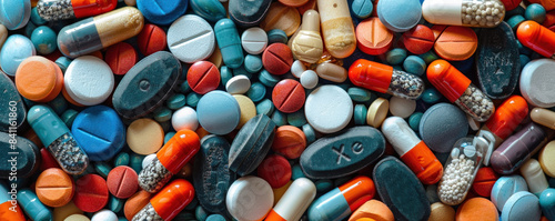 A bunch of pills of different colors and shapes are scattered on a surface. Concept of chaos and disorder, as the pills are not organized in any particular order photo